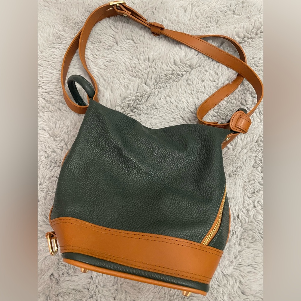 Valentina Italian Pebbled Leather Sling Bag Backpack Purse In Forest Green & Tan